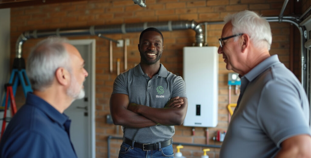 Elevation technician explaining a wall-mounted tankless water heater to two homeowners