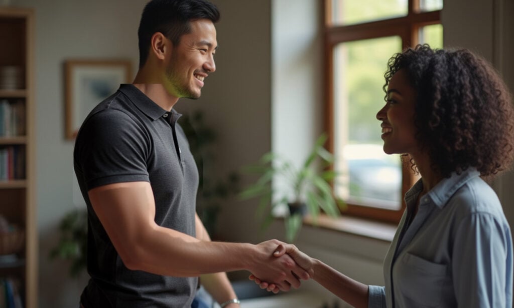 Elevation technician shaking hands with a homeowner after a service call