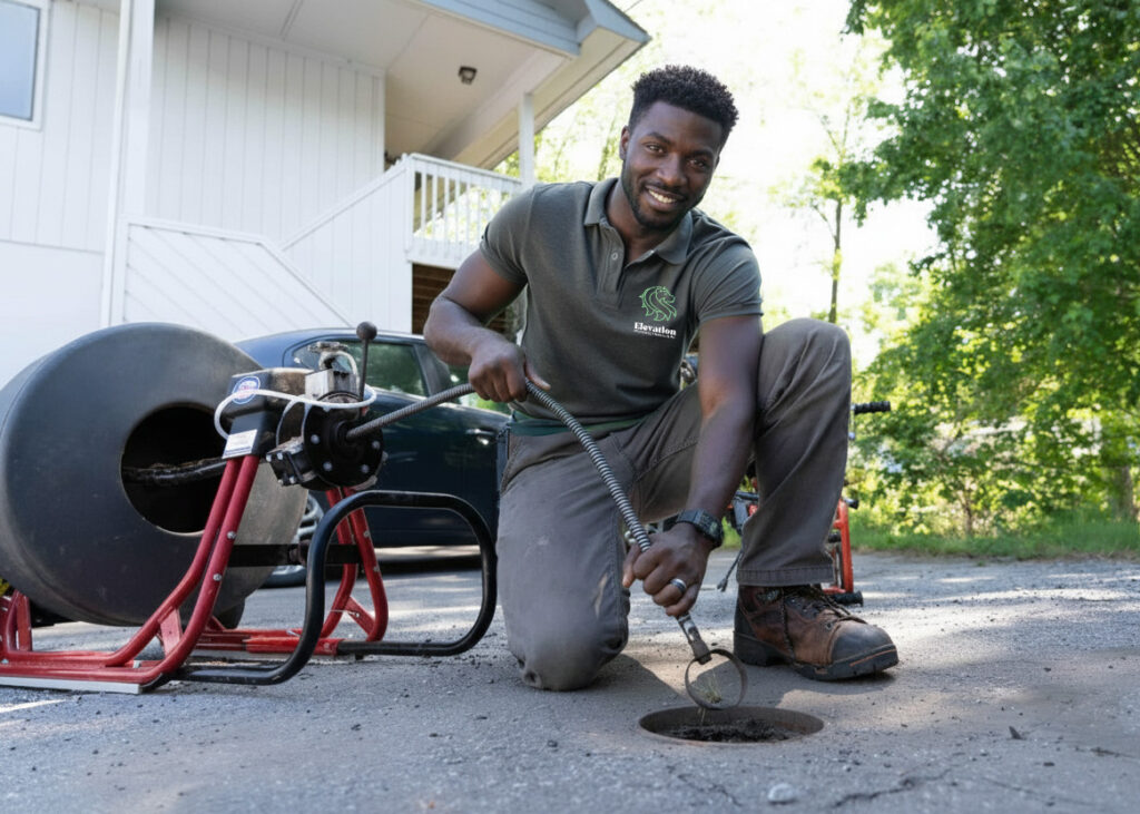 Elevation technician operating a sewer drain cleaning machine at a home's outdoor cleanout