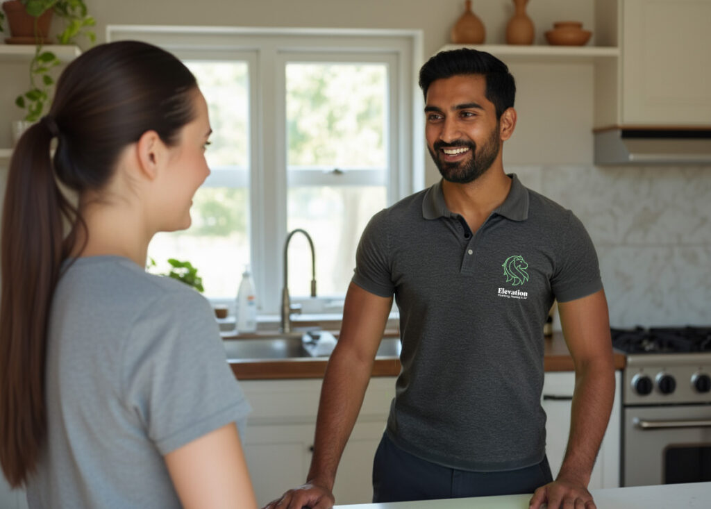 Elevation technician speaking with a homeowner in her kitchen after a plumbing visit