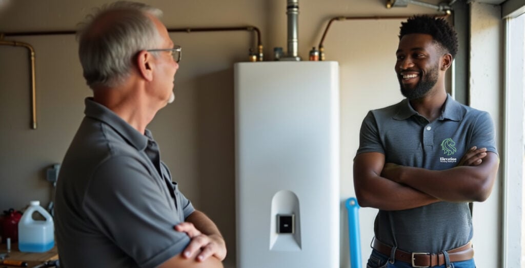 Elevation technician showing a homeowner a wall-mounted tankless water heater