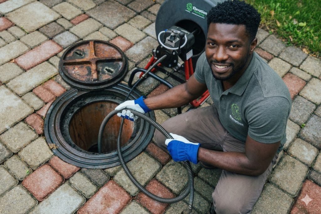 Elevation technician feeding a drain cable into a sewer cleanout outside a home
